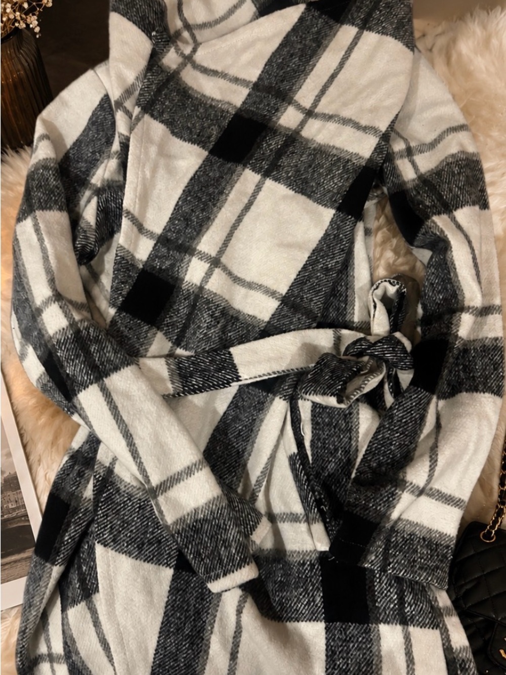 Fashion Nova Black & White Plaid Belted Coat